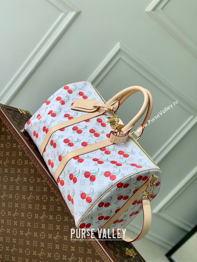 Louis Vuitton LV x TM Keepall Bandouliere 45 Bag in Monogram Cherry Canvas M13764 White 2025 (K-25061606)