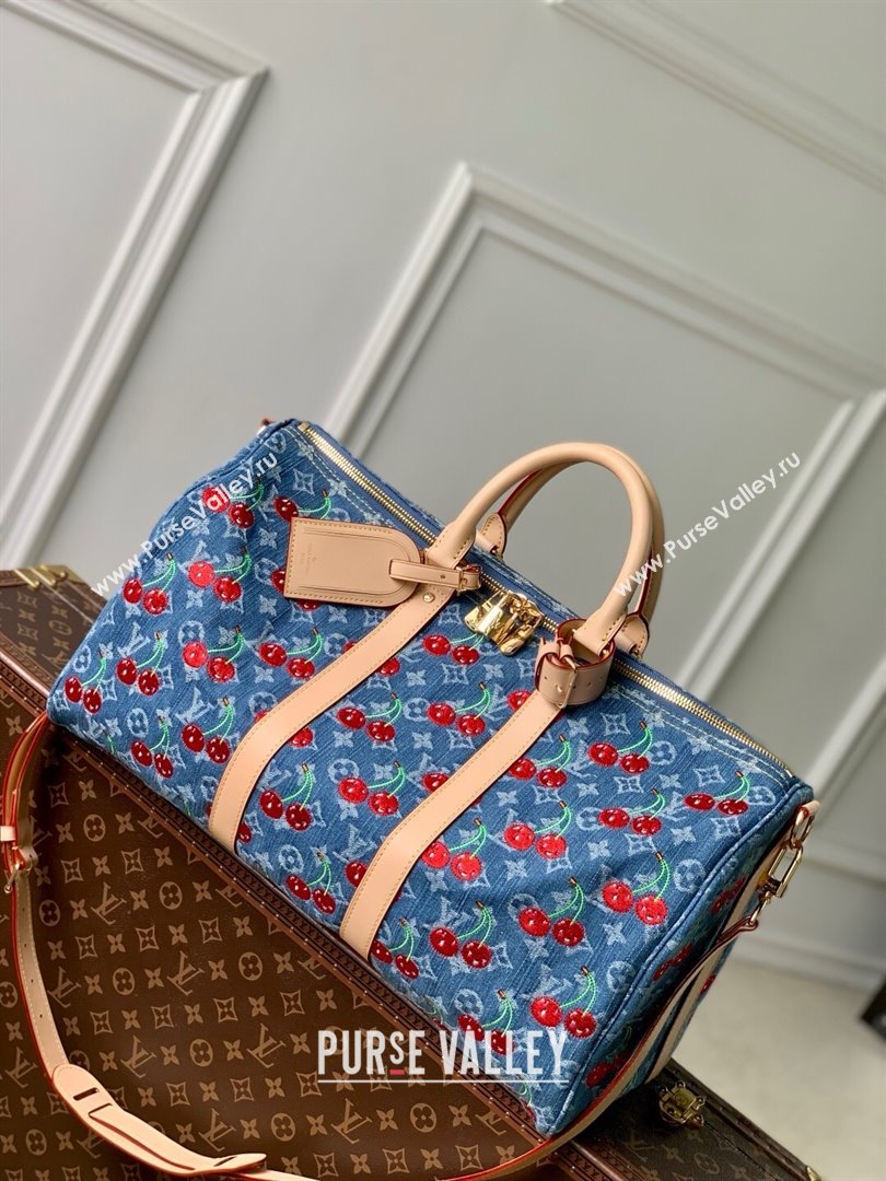 Louis Vuitton LV x TM Keepall Bandouliere 45 Bag in Monogram Cherry Denim Blue 2025 (K-25061608)