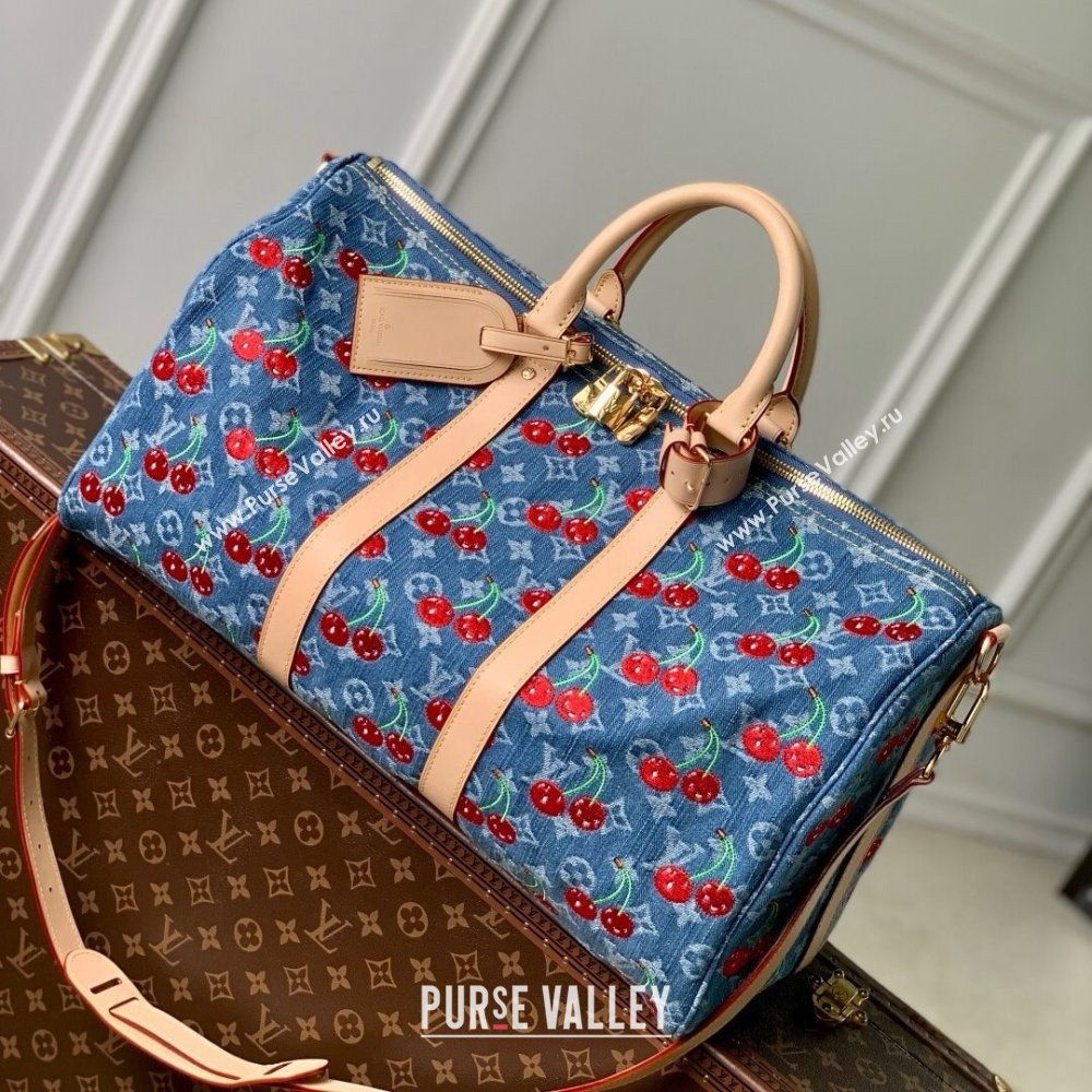 Louis Vuitton LV x TM Keepall Bandouliere 45 Bag in Monogram Cherry Denim Blue 2025 (K-25061608)