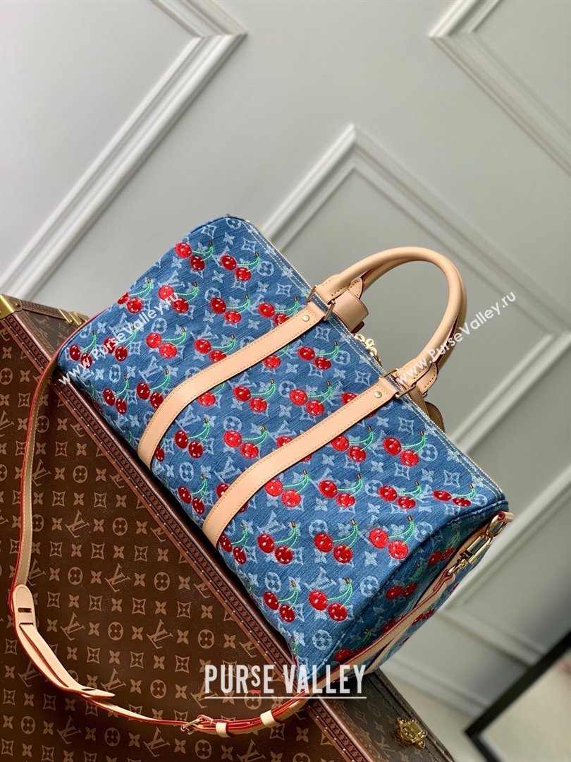Louis Vuitton LV x TM Keepall Bandouliere 45 Bag in Monogram Cherry Denim Blue 2025 (K-25061608)