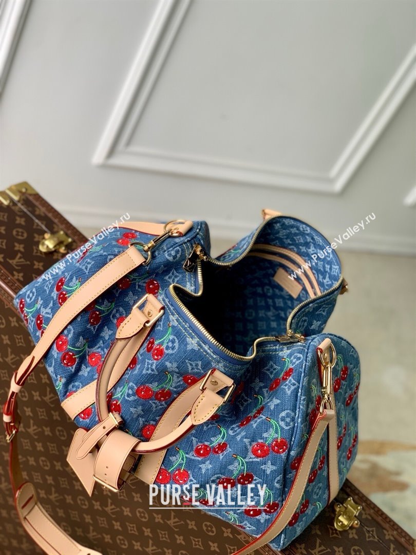 Louis Vuitton LV x TM Keepall Bandouliere 45 Bag in Monogram Cherry Denim Blue 2025 (K-25061608)