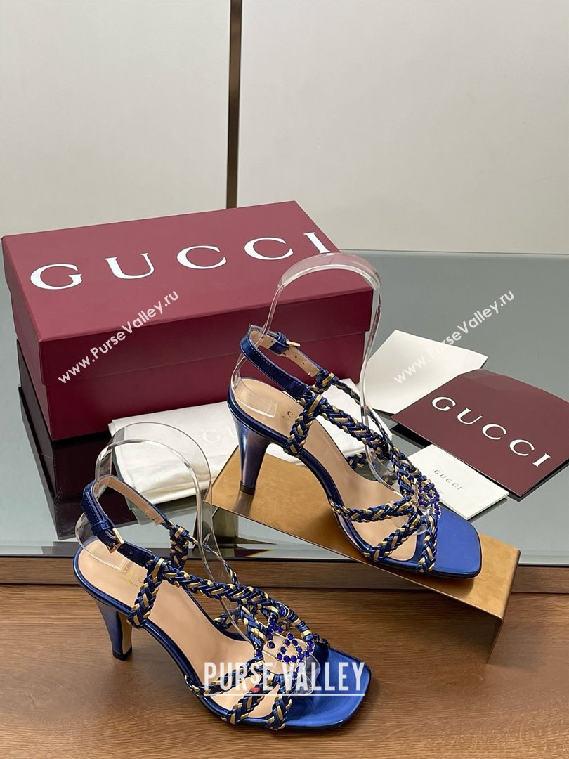 Gucci Isa Leather Heel Sandals 9cm with Crystal Interlocking G Gold/Blue 2025 (MD-25070414)