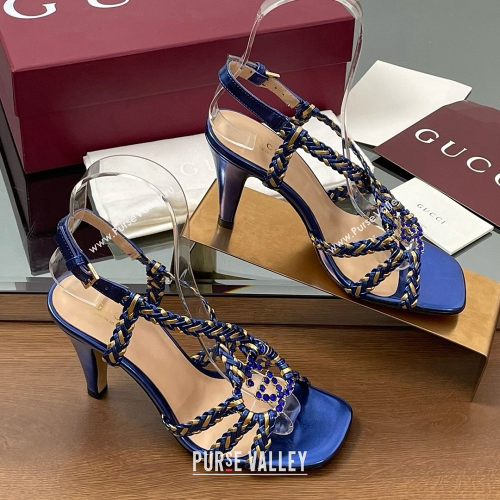 Gucci Isa Leather Heel Sandals 9cm with Crystal Interlocking G Gold/Blue 2025 (MD-25070414)