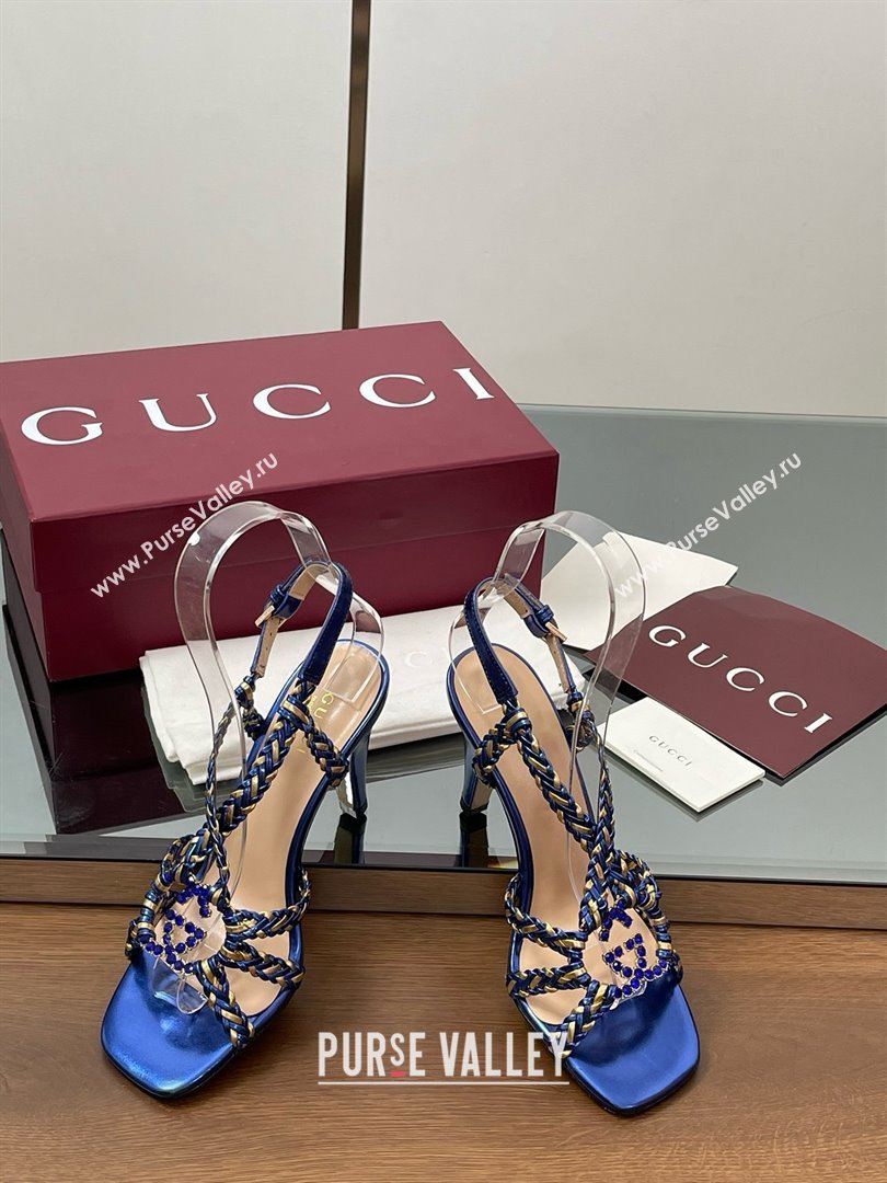 Gucci Isa Leather Heel Sandals 9cm with Crystal Interlocking G Gold/Blue 2025 (MD-25070414)