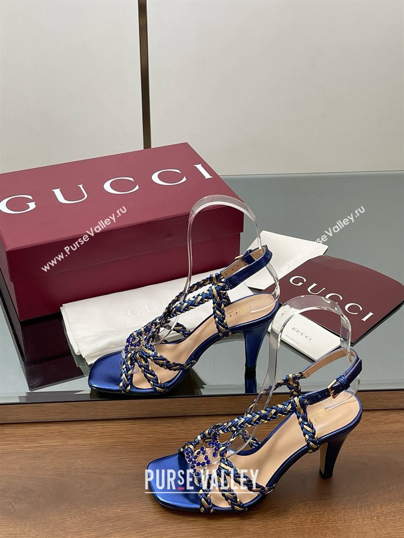 Gucci Isa Leather Heel Sandals 9cm with Crystal Interlocking G Gold/Blue 2025 (MD-25070414)