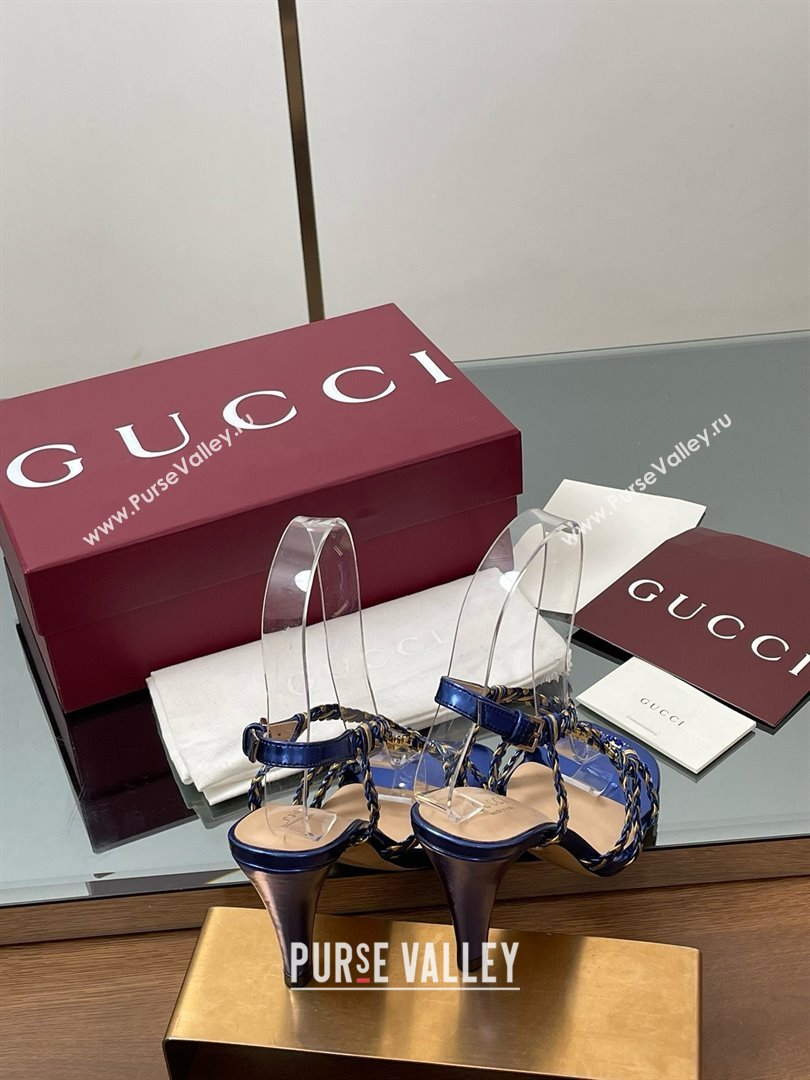 Gucci Isa Leather Heel Sandals 9cm with Crystal Interlocking G Gold/Blue 2025 (MD-25070414)