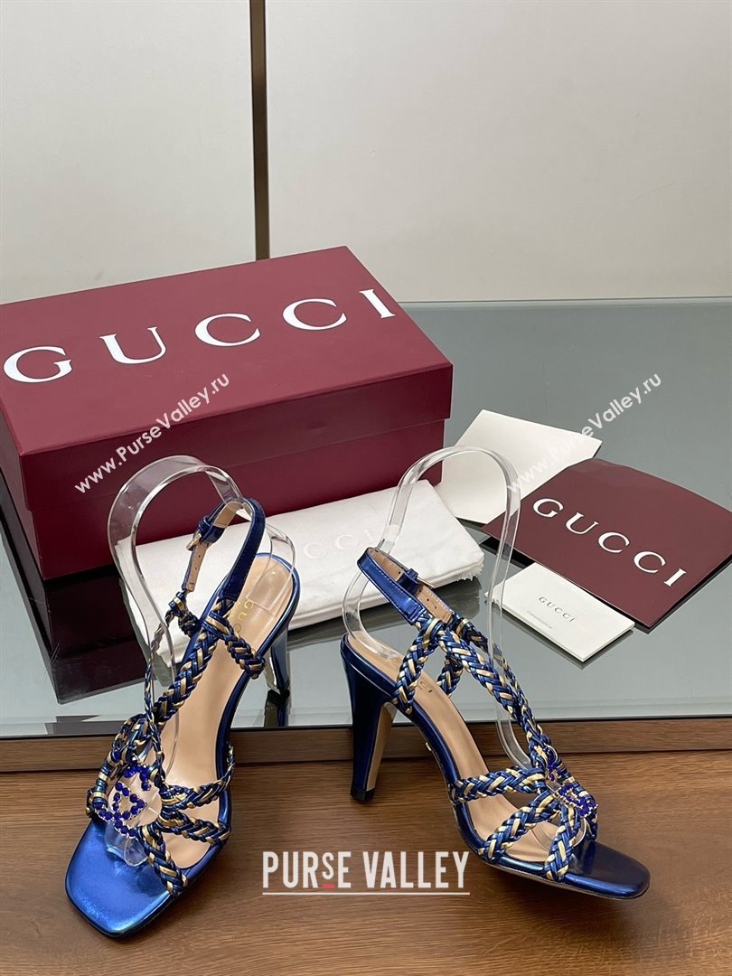 Gucci Isa Leather Heel Sandals 9cm with Crystal Interlocking G Gold/Blue 2025 (MD-25070414)
