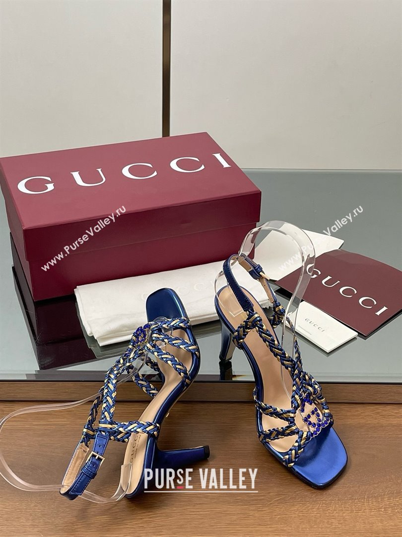 Gucci Isa Leather Heel Sandals 9cm with Crystal Interlocking G Gold/Blue 2025 (MD-25070414)