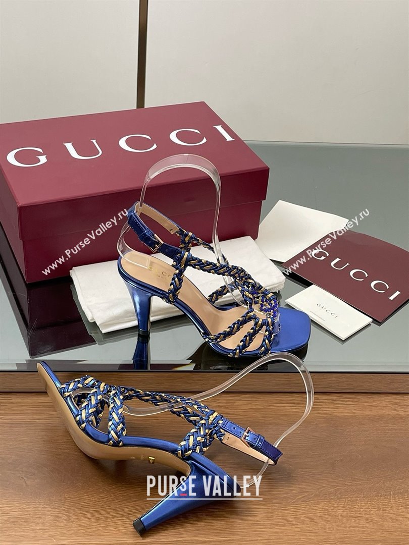 Gucci Isa Leather Heel Sandals 9cm with Crystal Interlocking G Gold/Blue 2025 (MD-25070414)