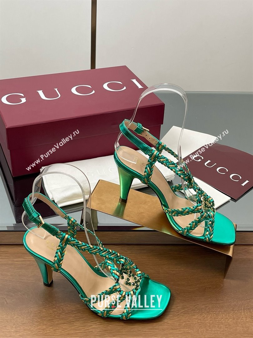 Gucci Isa Leather Heel Sandals 9cm with Crystal Interlocking G Gold/Green 2025 (MD-25070415)