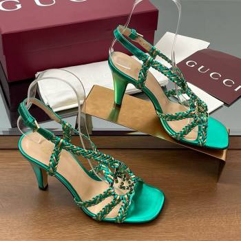 Gucci Isa Leather Heel Sandals 9cm with Crystal Interlocking G Gold/Green 2025 (MD-25070415)