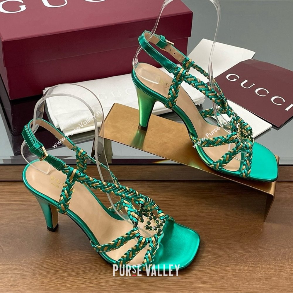 Gucci Isa Leather Heel Sandals 9cm with Crystal Interlocking G Gold/Green 2025 (MD-25070415)