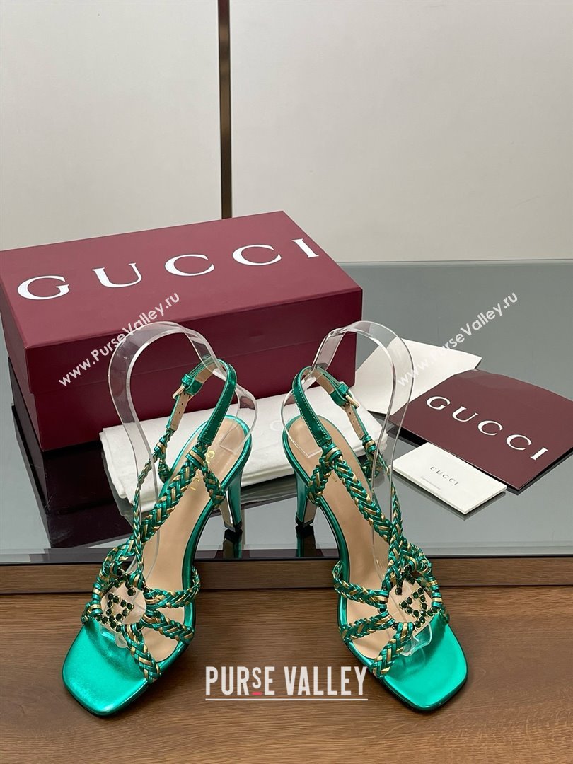 Gucci Isa Leather Heel Sandals 9cm with Crystal Interlocking G Gold/Green 2025 (MD-25070415)
