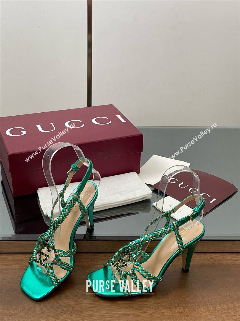 Gucci Isa Leather Heel Sandals 9cm with Crystal Interlocking G Gold/Green 2025 (MD-25070415)