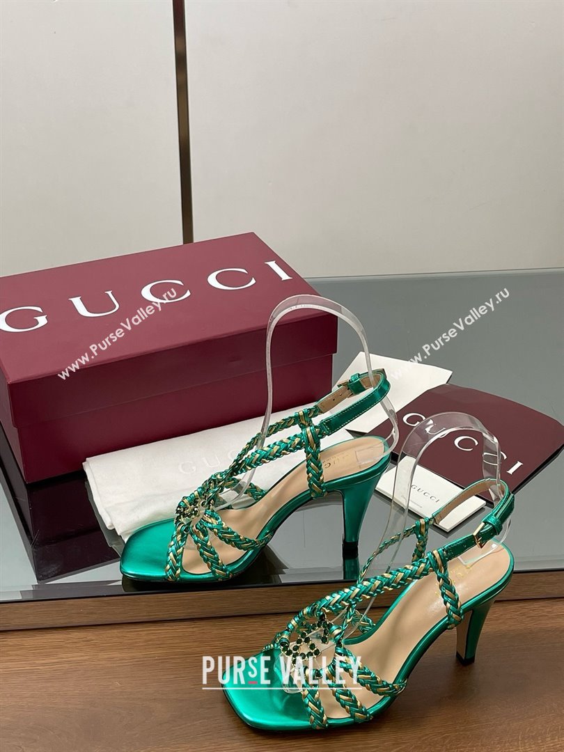 Gucci Isa Leather Heel Sandals 9cm with Crystal Interlocking G Gold/Green 2025 (MD-25070415)
