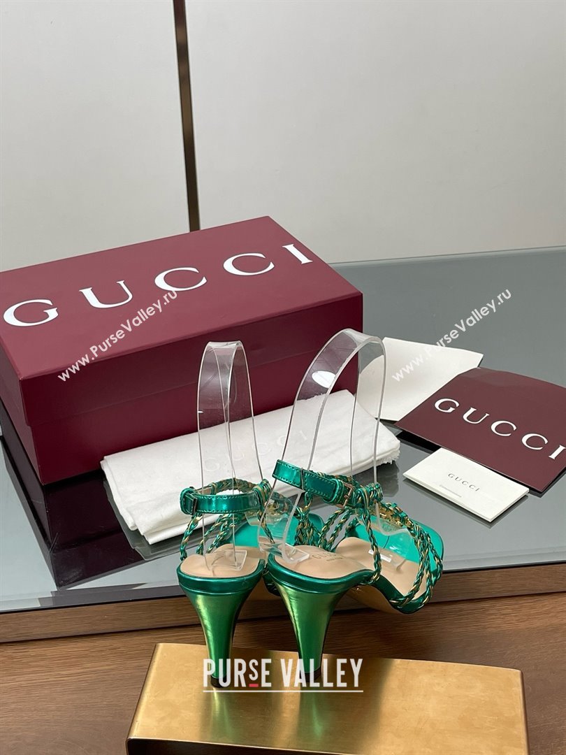 Gucci Isa Leather Heel Sandals 9cm with Crystal Interlocking G Gold/Green 2025 (MD-25070415)