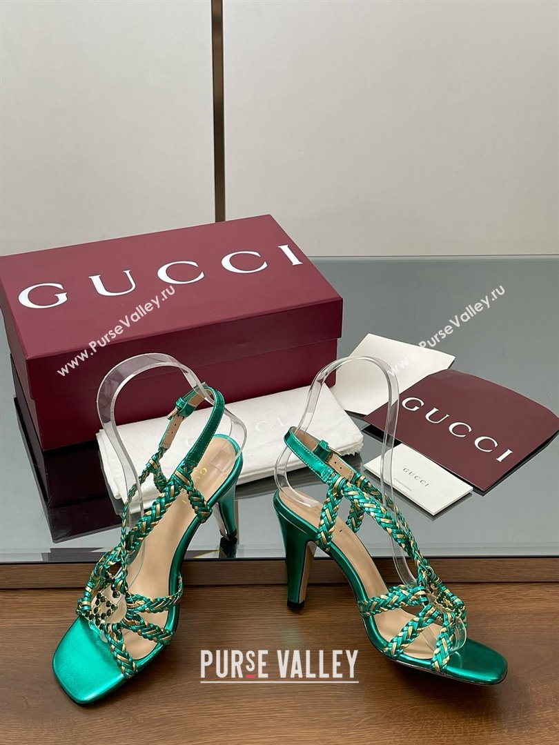 Gucci Isa Leather Heel Sandals 9cm with Crystal Interlocking G Gold/Green 2025 (MD-25070415)