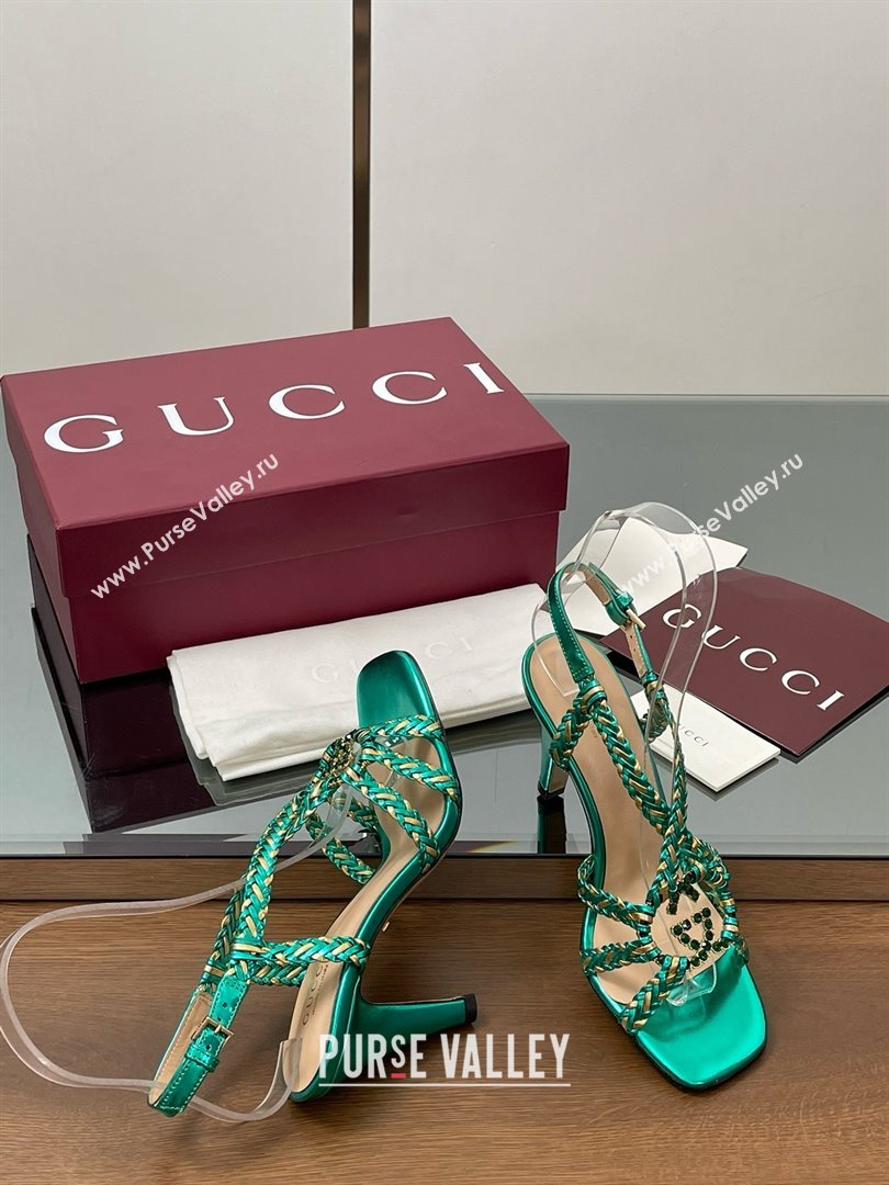 Gucci Isa Leather Heel Sandals 9cm with Crystal Interlocking G Gold/Green 2025 (MD-25070415)