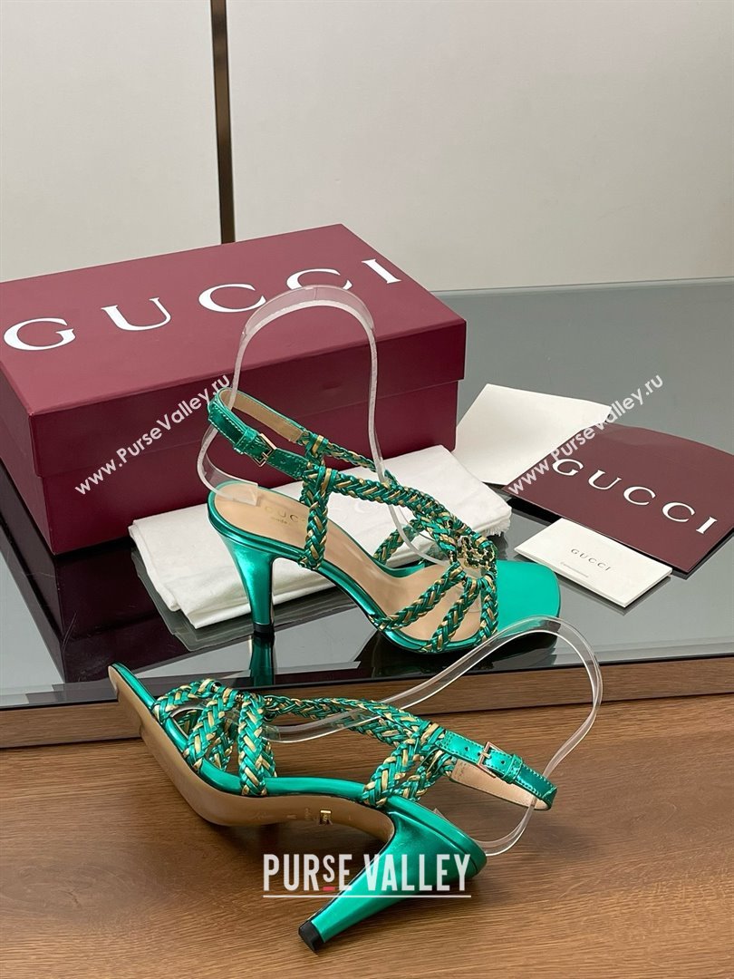 Gucci Isa Leather Heel Sandals 9cm with Crystal Interlocking G Gold/Green 2025 (MD-25070415)