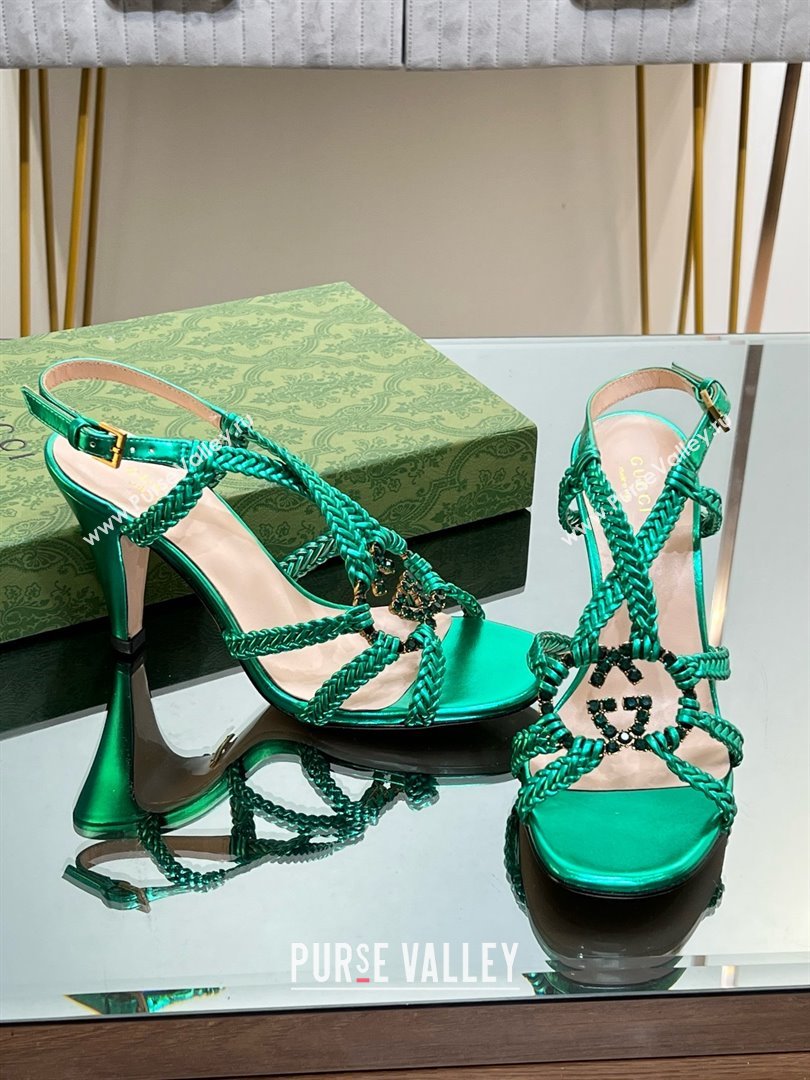 Gucci Isa Leather Heel Sandals 9cm with Crystal Interlocking G Green 2025 (MD-25070416)