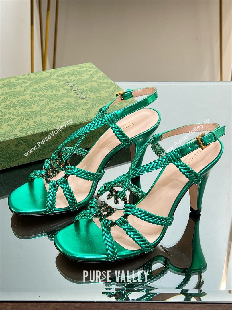 Gucci Isa Leather Heel Sandals 9cm with Crystal Interlocking G Green 2025 (MD-25070416)
