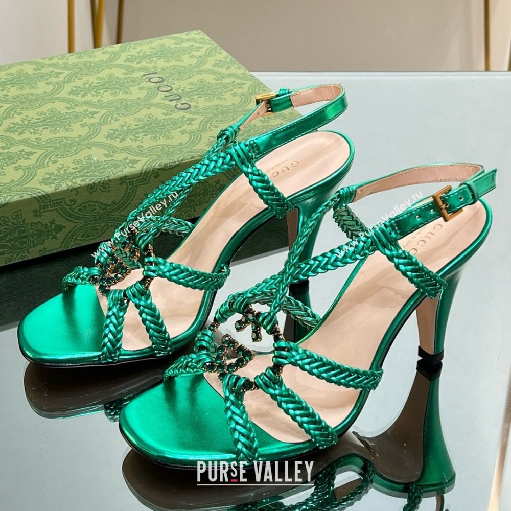 Gucci Isa Leather Heel Sandals 9cm with Crystal Interlocking G Green 2025 (MD-25070416)