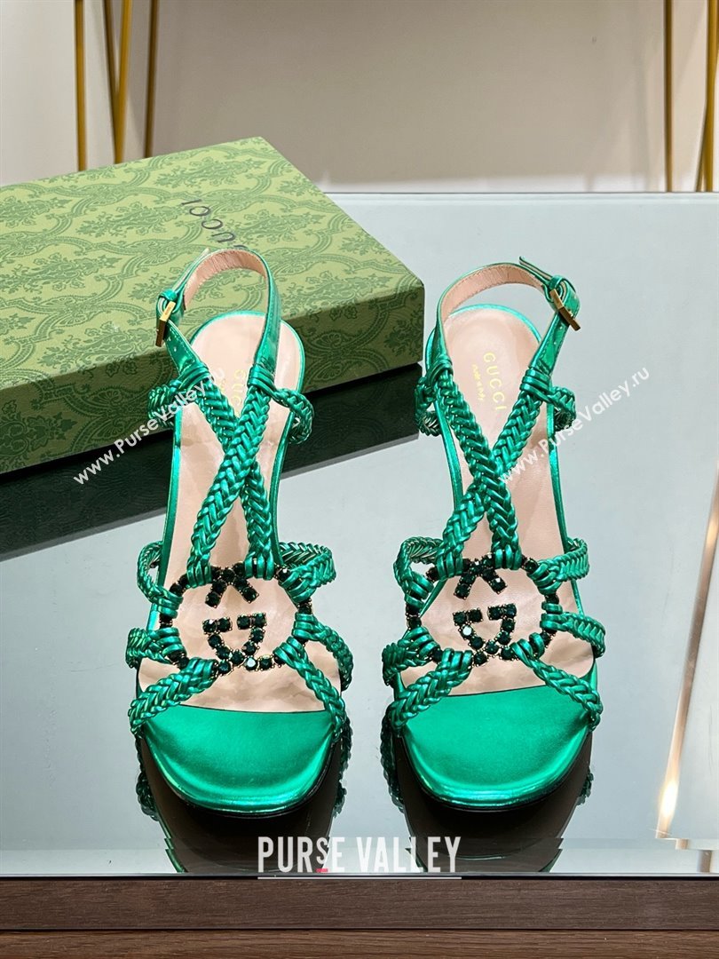 Gucci Isa Leather Heel Sandals 9cm with Crystal Interlocking G Green 2025 (MD-25070416)