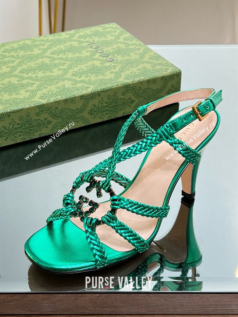 Gucci Isa Leather Heel Sandals 9cm with Crystal Interlocking G Green 2025 (MD-25070416)