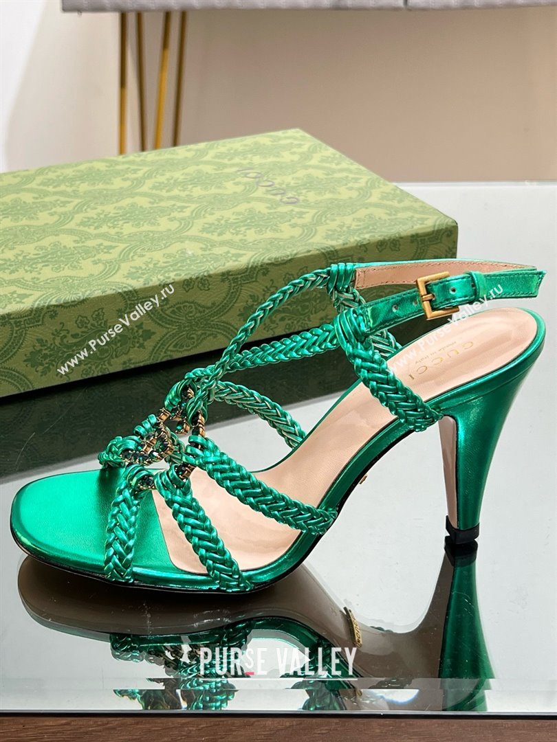 Gucci Isa Leather Heel Sandals 9cm with Crystal Interlocking G Green 2025 (MD-25070416)