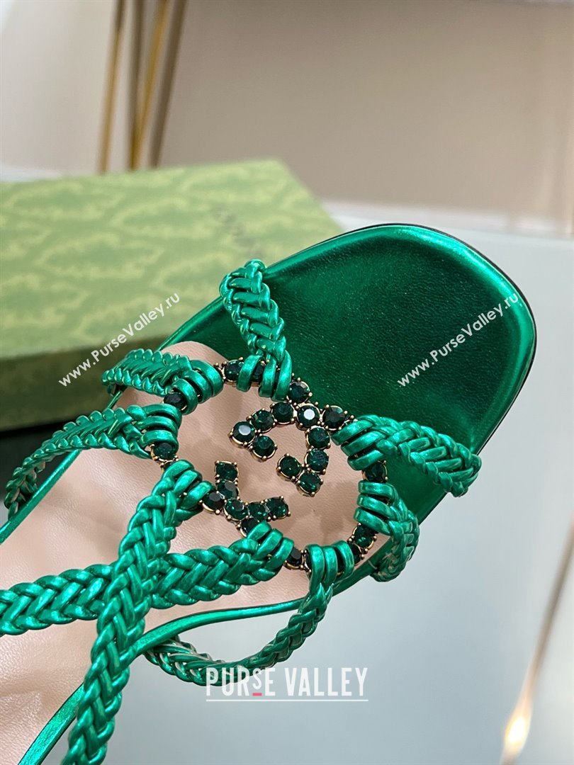 Gucci Isa Leather Heel Sandals 9cm with Crystal Interlocking G Green 2025 (MD-25070416)