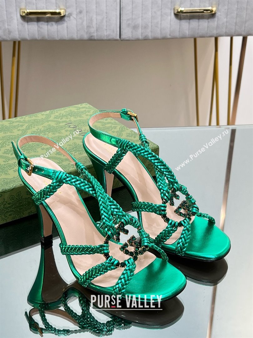 Gucci Isa Leather Heel Sandals 9cm with Crystal Interlocking G Green 2025 (MD-25070416)