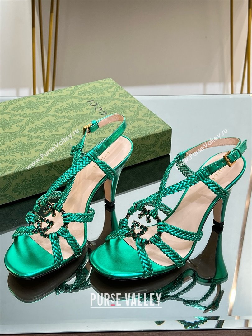 Gucci Isa Leather Heel Sandals 9cm with Crystal Interlocking G Green 2025 (MD-25070416)