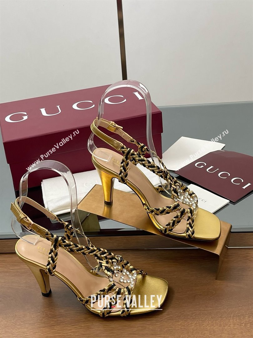 Gucci Isa Leather Heel Sandals 9cm with Crystal Interlocking G Black/Gold 2025 (MD-25070417)