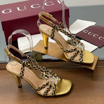 Gucci Isa Leather Heel Sandals 9cm with Crystal Interlocking G Black/Gold 2025 (MD-25070417)