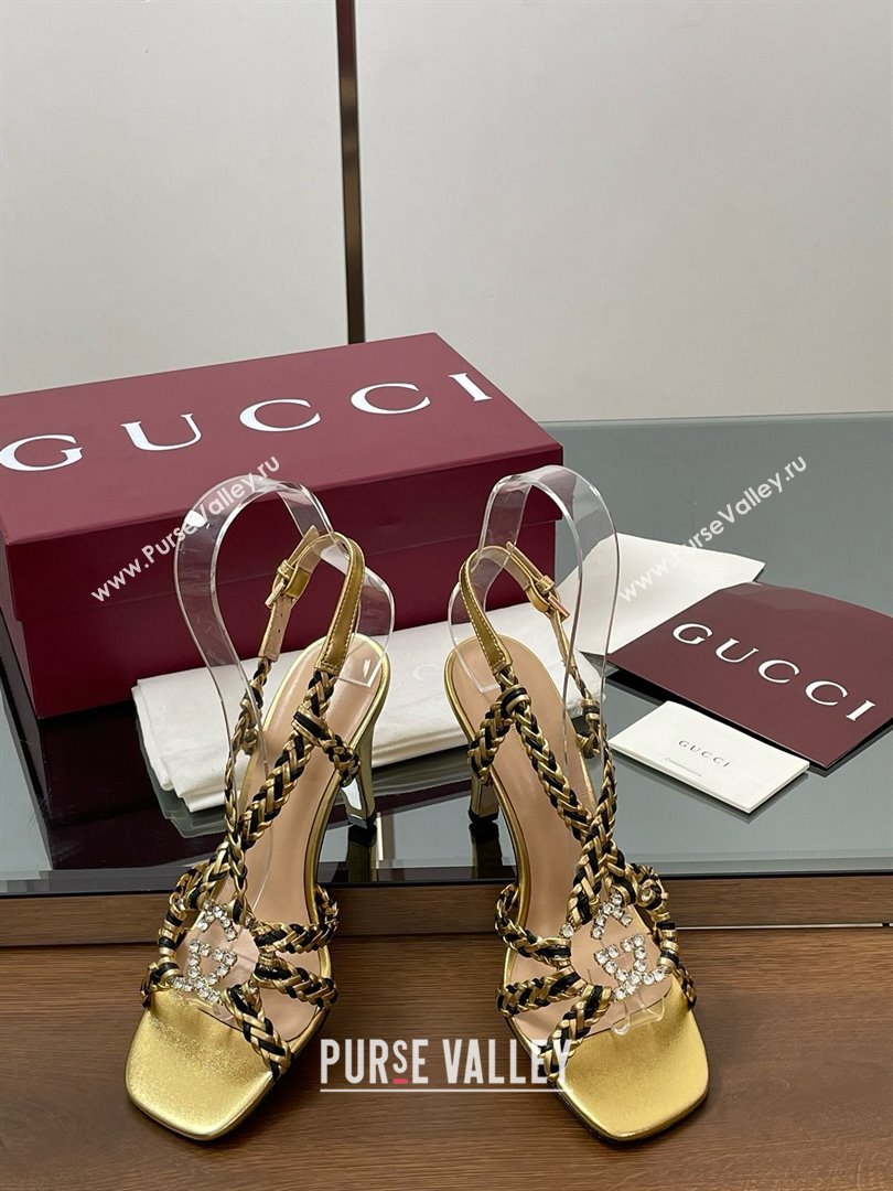 Gucci Isa Leather Heel Sandals 9cm with Crystal Interlocking G Black/Gold 2025 (MD-25070417)