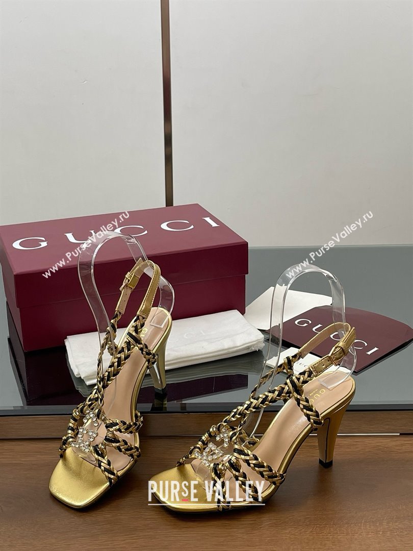 Gucci Isa Leather Heel Sandals 9cm with Crystal Interlocking G Black/Gold 2025 (MD-25070417)