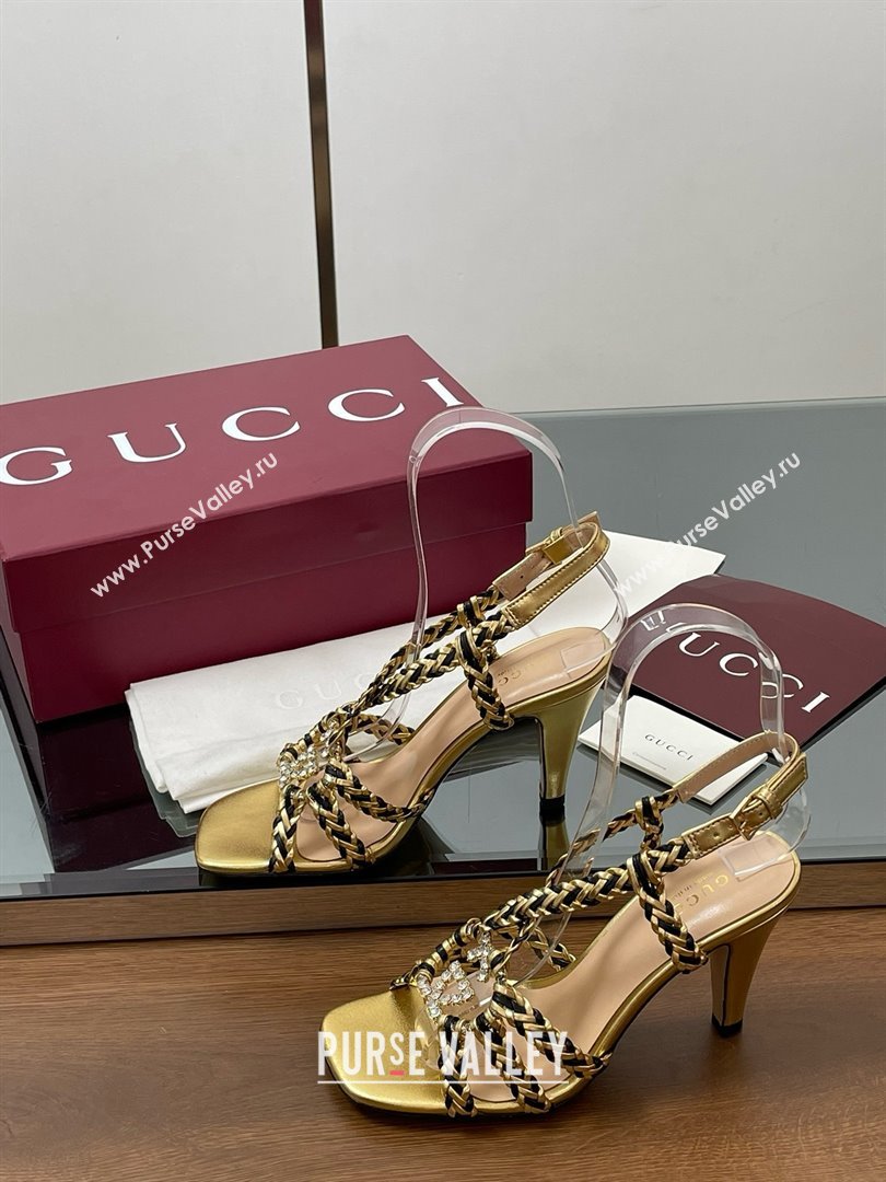 Gucci Isa Leather Heel Sandals 9cm with Crystal Interlocking G Black/Gold 2025 (MD-25070417)