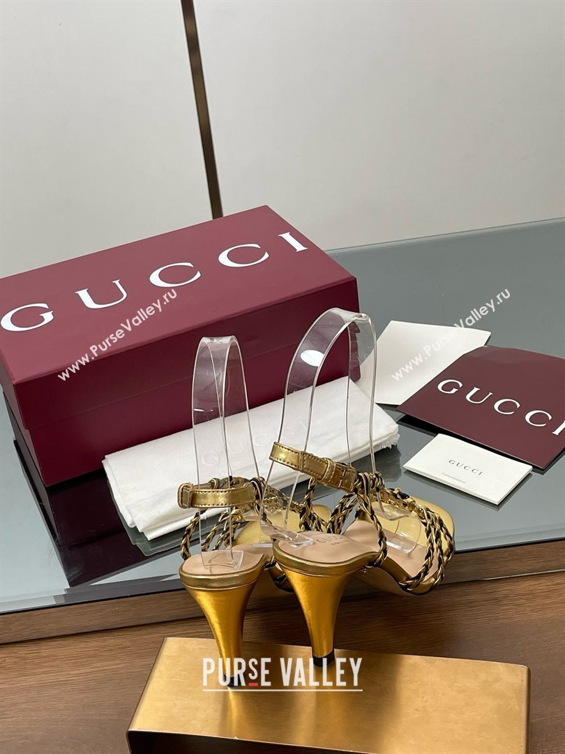 Gucci Isa Leather Heel Sandals 9cm with Crystal Interlocking G Black/Gold 2025 (MD-25070417)