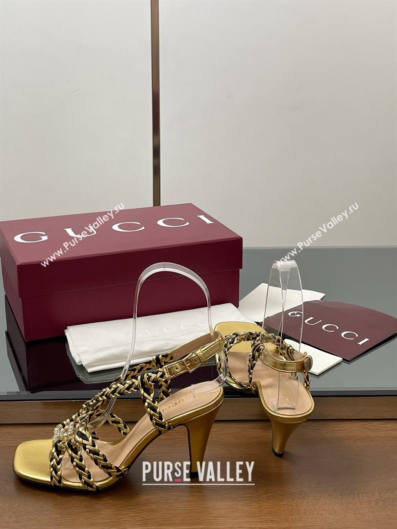 Gucci Isa Leather Heel Sandals 9cm with Crystal Interlocking G Black/Gold 2025 (MD-25070417)