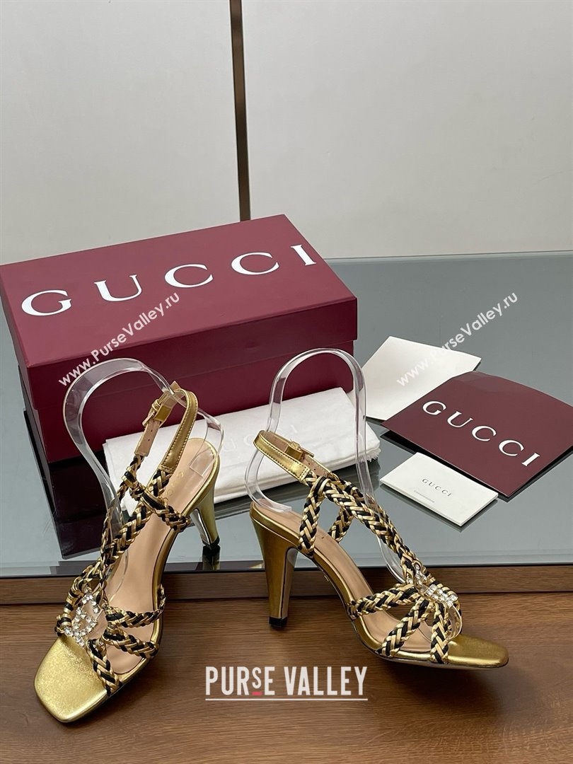 Gucci Isa Leather Heel Sandals 9cm with Crystal Interlocking G Black/Gold 2025 (MD-25070417)