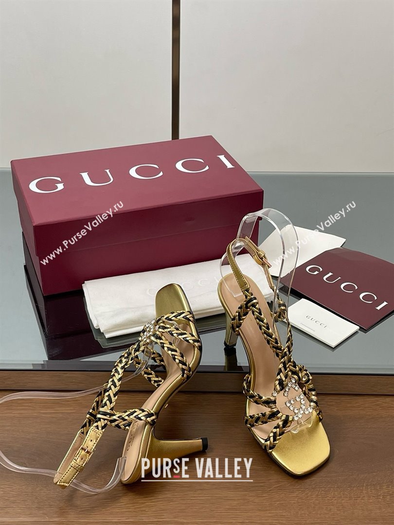 Gucci Isa Leather Heel Sandals 9cm with Crystal Interlocking G Black/Gold 2025 (MD-25070417)