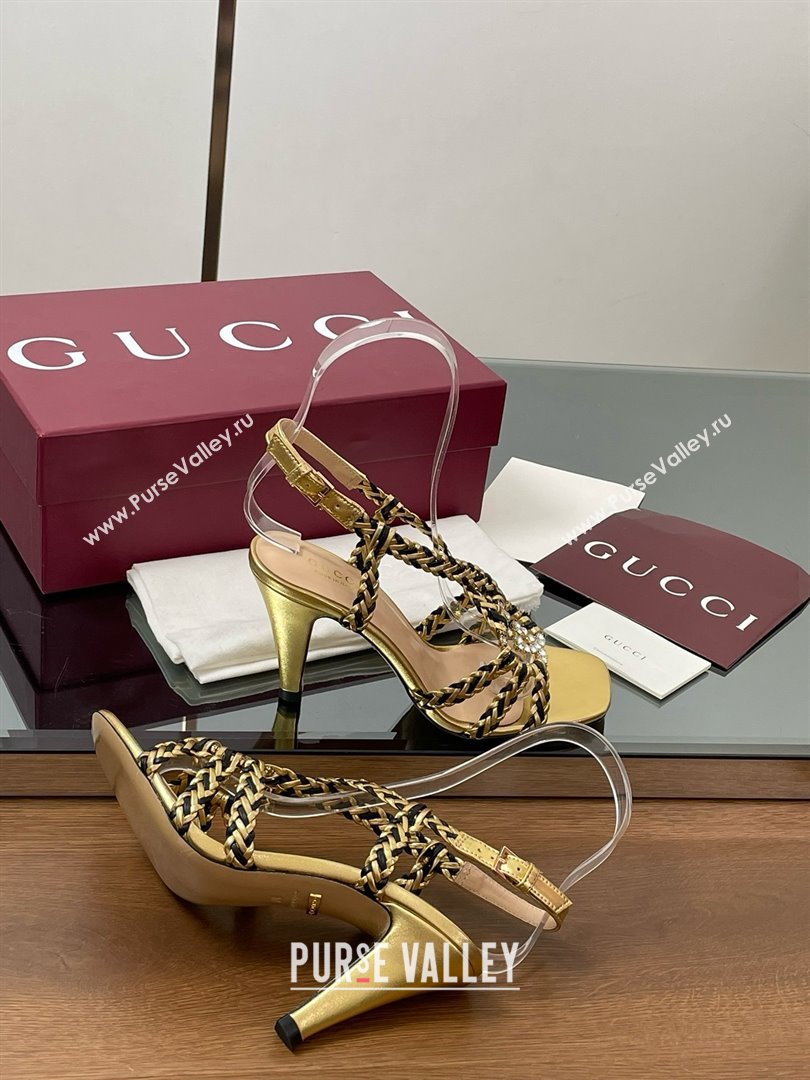 Gucci Isa Leather Heel Sandals 9cm with Crystal Interlocking G Black/Gold 2025 (MD-25070417)
