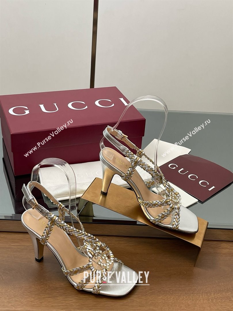 Gucci Isa Leather Heel Sandals 9cm with Crystal Interlocking G Gold/Silver 2025 (MD-25070418)