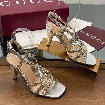 Gucci Isa Leather Heel Sandals 9cm with Crystal Interlocking G Gold/Silver 2025 (MD-25070418)
