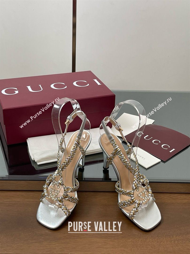 Gucci Isa Leather Heel Sandals 9cm with Crystal Interlocking G Gold/Silver 2025 (MD-25070418)