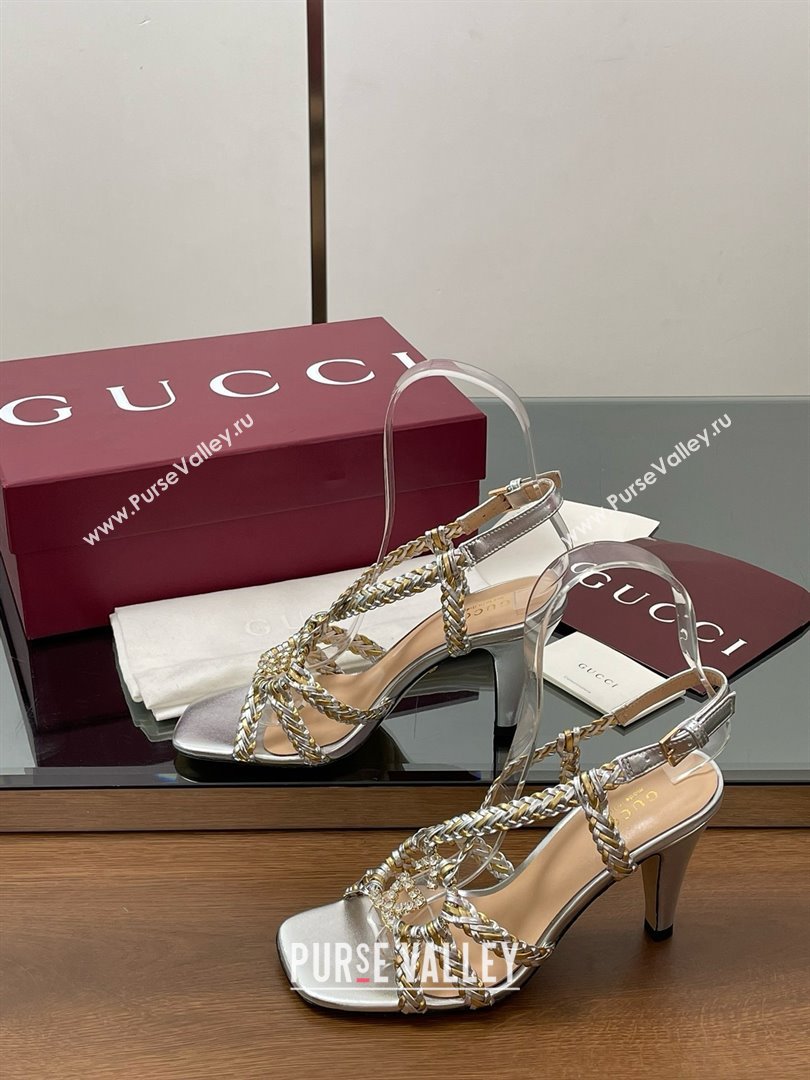 Gucci Isa Leather Heel Sandals 9cm with Crystal Interlocking G Gold/Silver 2025 (MD-25070418)