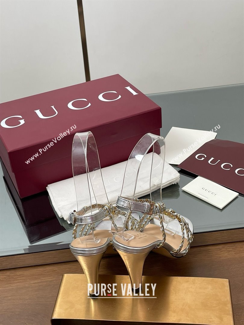 Gucci Isa Leather Heel Sandals 9cm with Crystal Interlocking G Gold/Silver 2025 (MD-25070418)