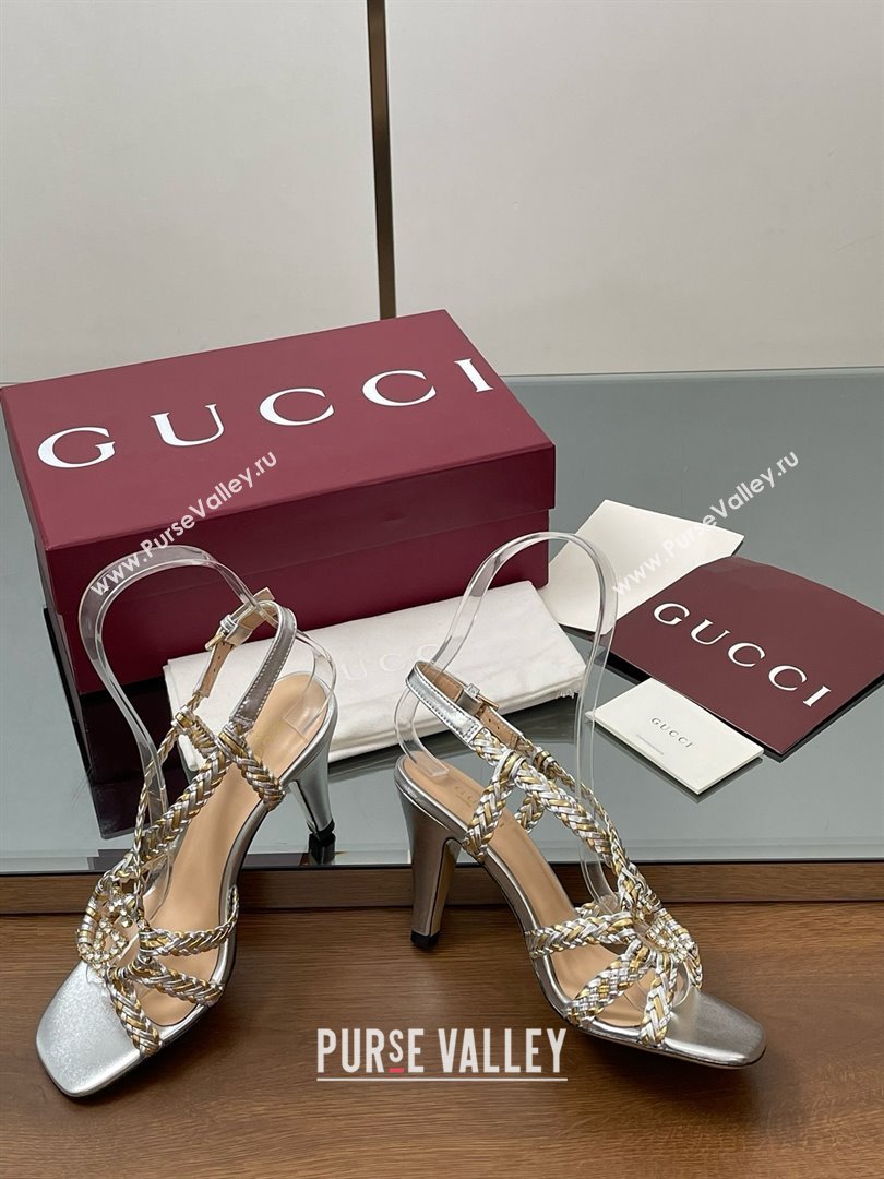 Gucci Isa Leather Heel Sandals 9cm with Crystal Interlocking G Gold/Silver 2025 (MD-25070418)