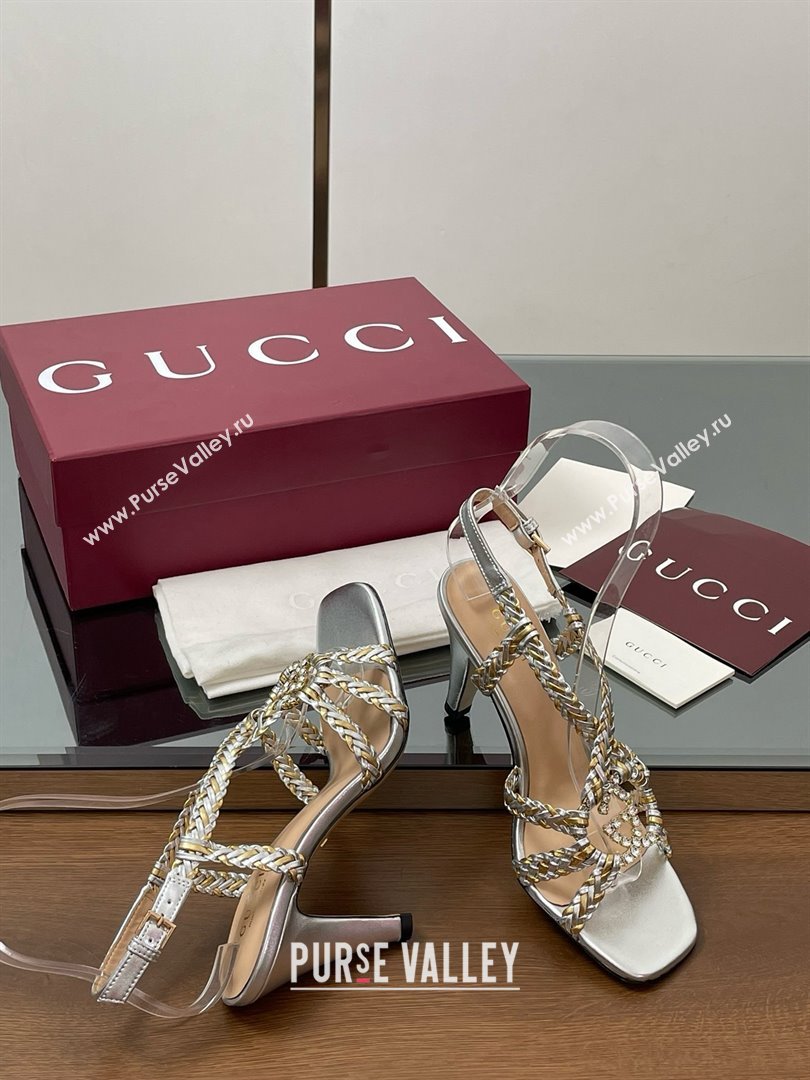 Gucci Isa Leather Heel Sandals 9cm with Crystal Interlocking G Gold/Silver 2025 (MD-25070418)