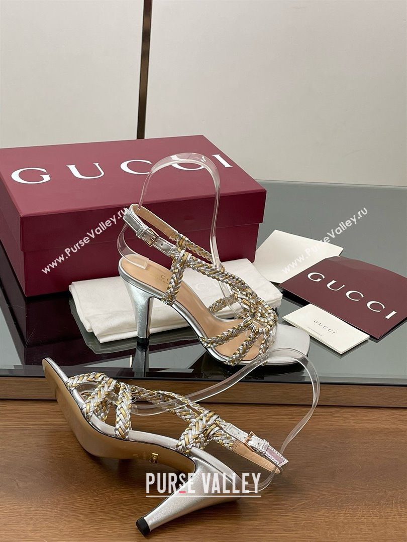 Gucci Isa Leather Heel Sandals 9cm with Crystal Interlocking G Gold/Silver 2025 (MD-25070418)